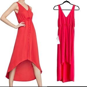 BCBGMAXAZRIA Sleeveless Button Front High Low Midi Dress Scarlet Red S